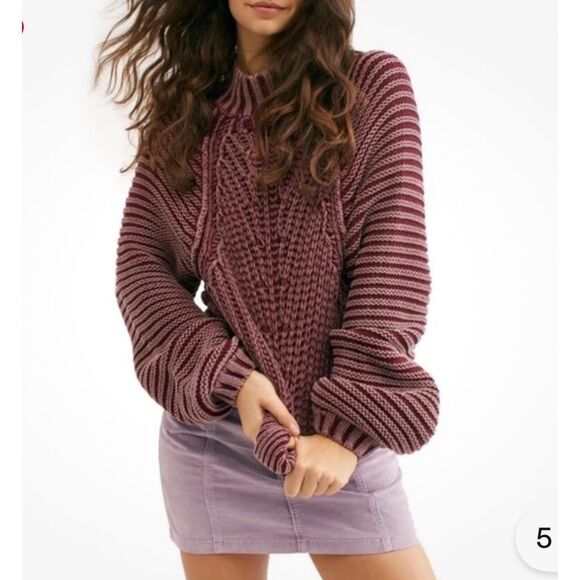 FREE PEOPLE Sweetheart Rib Chunky Mock Neck Sweater Garnet Grotto cotton M NWT